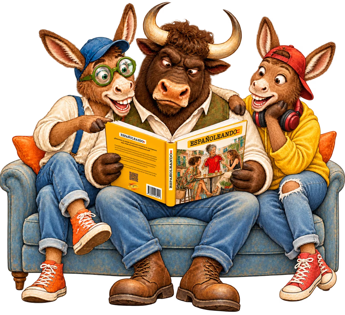 Los burros y el toro de Españoleando leyendo el libro en el sofá